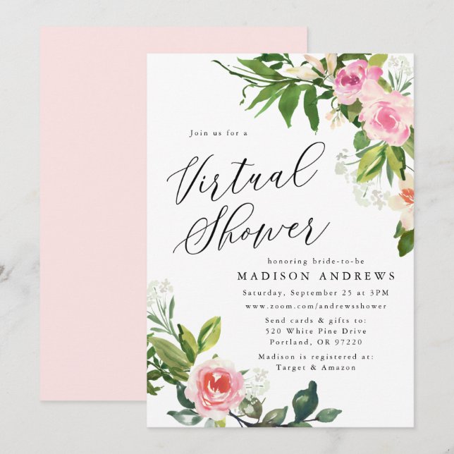 Invitation Douce Fête Virtuelle de Mariage aux Fleurs Roses (Devant / Derrière)
