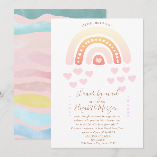 Invitation Douce Fête Virtuelle de Naissance Bébé Arc-en-Ciel (Devant / Derrière)