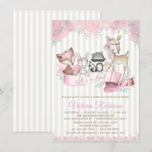 Invitation Douce Fille Animaux de la Forêt Baby Shower