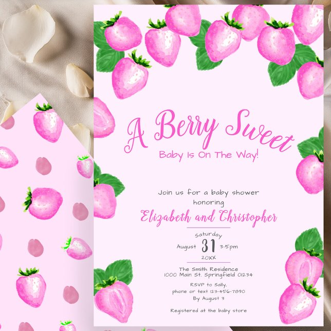 Invitation Douce Fille au Fraise Rose Fête Prénatale (Créateur téléchargé)