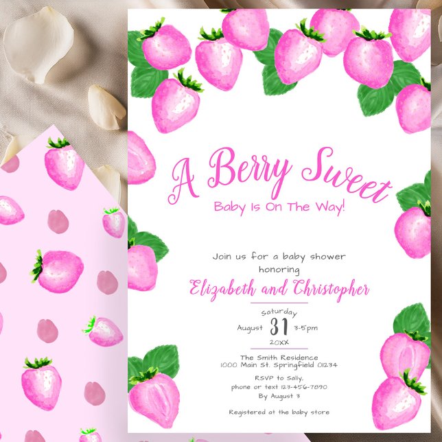 Invitation Douce Fille au Fraise Rose Fête Prénatale (Créateur téléchargé)