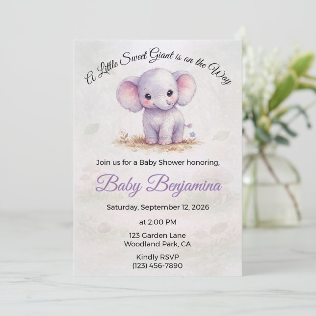 Invitation Douce Fille au thème d'Éléphant Violet Baby Shower (Debout devant)