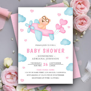Invitation Douce Fille Avion Rose Ours en Peluche Baby Shower