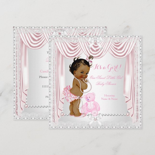Invitation Douce Fille Baby Shower Satin Rose Ethnique (Devant / Derrière)