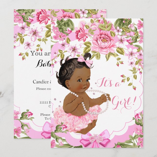 Invitation Douce Fille de Fête de Bébé Florale Rose Tutu Ethn (Devant / Derrière)