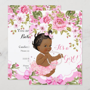 Invitation Douce Fille de Fête de Bébé Florale Rose Tutu Ethn