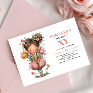 Invitation Douce Fille Fée Anniversaire Floral Pastel Rose