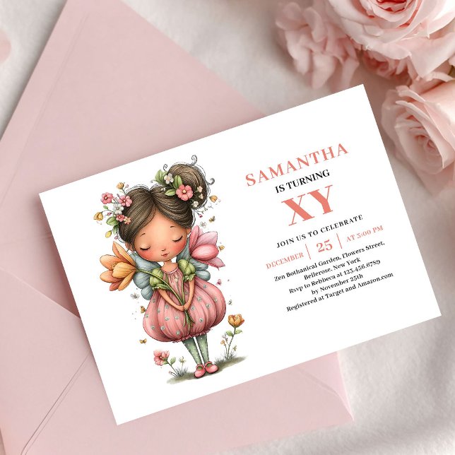 Invitation Douce Fille Fée Anniversaire Floral Pastel Rose (Sweet Fairy Girl Birthday Pastel Floral Pink invitation)