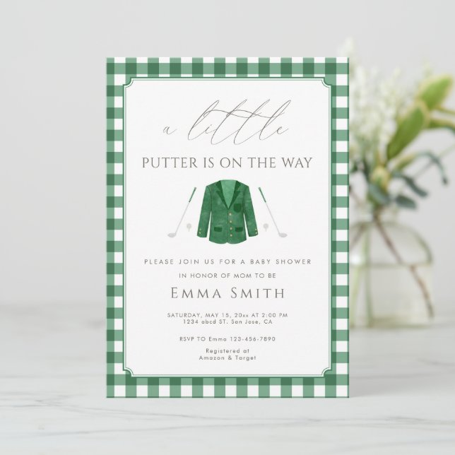 Invitation Douce Fille Gingham Baby Shower de Golf (Debout devant)