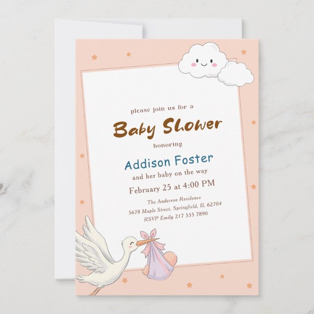 Invitation Douce Fille Grue Rose Nuage Baby Shower (Devant)