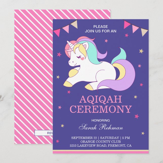 Invitation Douce Fille Licorne Aqiqah (Devant / Derrière)