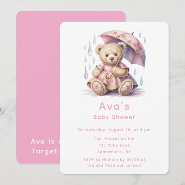 Invitation Douce Fille Ourson Baby Shower (Devant / Derrière)
