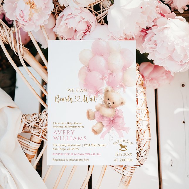 Invitation Douce Fille Ourson Rose Ballon Nœud Bébé Shower (Créateur téléchargé)