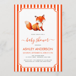 Invitation Douce Fille Renard Baby Shower Aquarelle & Rayures