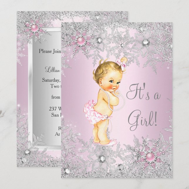 Invitation Douce Fille Rose Bébé Fille Shower Flocon de Neige (Devant / Derrière)