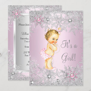 Invitation Douce Fille Rose Bébé Fille Shower Flocon de Neige