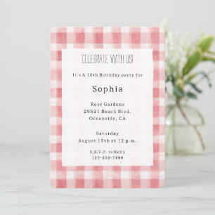Invitation Douce Fille Rose Blanc Carreaux Rayures Anniversai