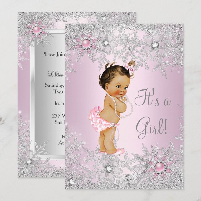 Invitation Douce Fille Rose Fille Baby Shower Flocon de Neige (Devant / Derrière)