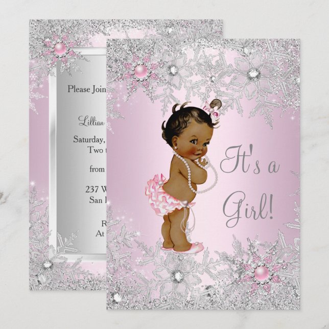 Invitation Douce Fille Rose Fille Baby Shower Flocon de Neige (Devant / Derrière)