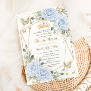 Invitation Douce Fleur Bleue Bébé Papillons Or Quinceanera
