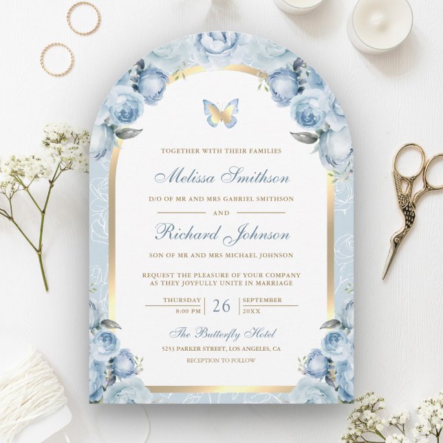 Invitation Douce Fleur Bleue Or Arche Papillon Mariage (Créateur téléchargé)