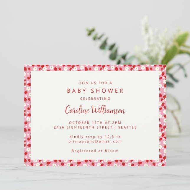 Invitation Douce Fleur de Fraisier Fille Baby Shower (Debout devant)