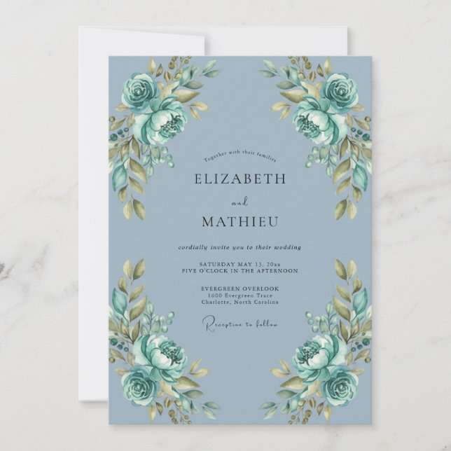 Invitation Douce Fleur Mariage Bleu Poussiéreux (Devant)