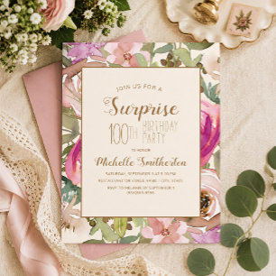 Invitation Douce Fleur Rose Violet Surprise 100e Anniversaire