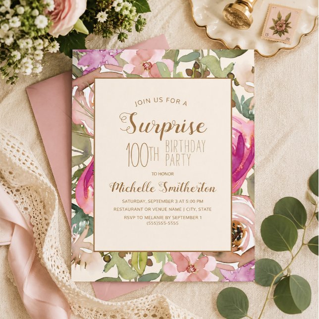 Invitation Douce Fleur Rose Violet Surprise 100e Anniversaire (Pink and purple watercolor floral 100th birthday invitation)