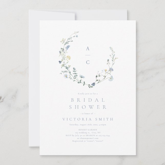 Invitation Douce Fleur Sauvage Bleue Poussiéreuse Mariage Boh (Devant)