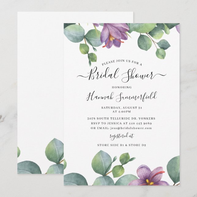 Invitation Douce Fleurie de Mariage au Eucalyptus (Devant / Derrière)