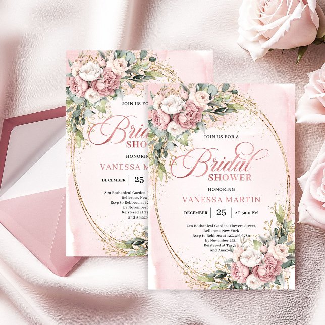 Invitation Douce Florale de Mariage Rose Goldée (Romantic Blush Floral Greenery Gold Shower)