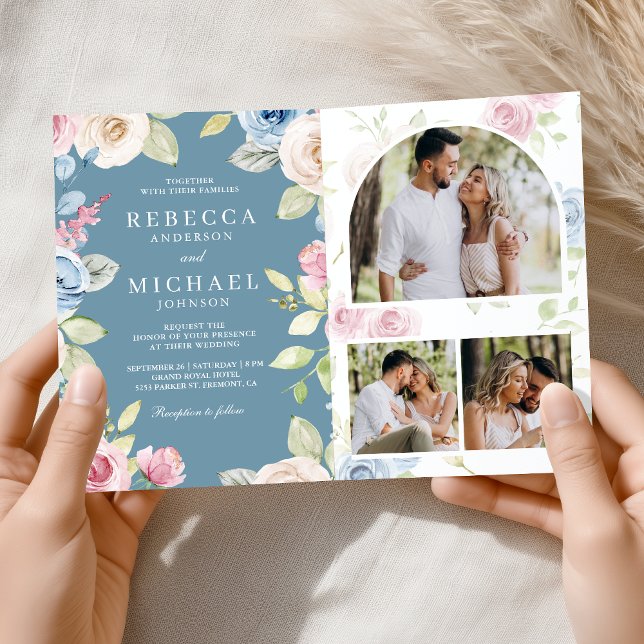 Invitation Douce Florale Printanière Bleu Poussiéreux Code QR (Créateur téléchargé)