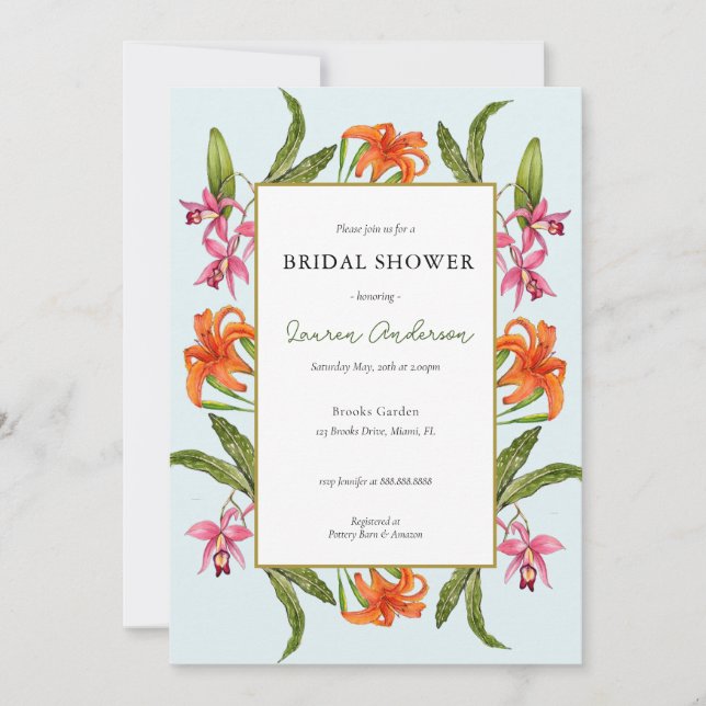 Invitation Douce Florale Tropicale Aqua et blanc pour une Bab (Devant)