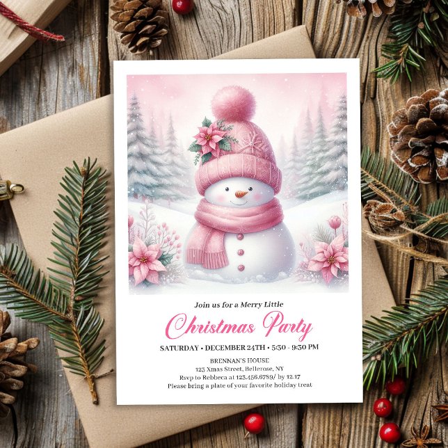 Invitation Douce Forêt Enneigée Bonhomme de Neige Rose Noël E (Sweet Snowy Forest Pink Snowman Editable Christmas Invite)