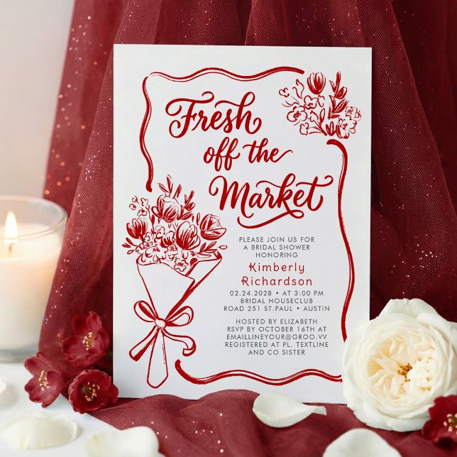Invitation Douce Fraîcheur du Marché Réception de Mariage Rou (Fresh Off The Market Burgundy Red Hand Drawn Whimsical Bridal Shower Invitations)