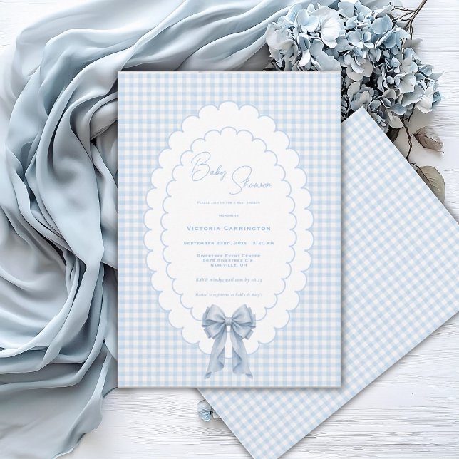 Invitation Douce Gingham Blanc Bleu Vintage Baby Shower1 (Créateur téléchargé)