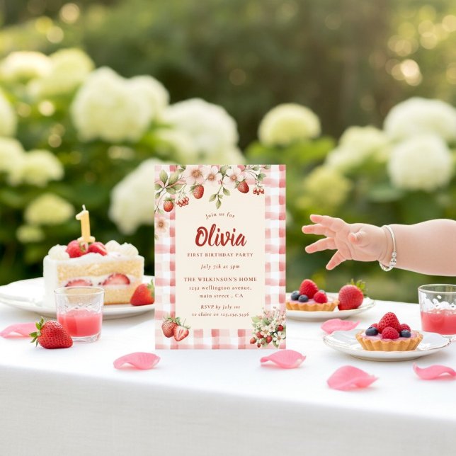 Invitation Douce gingham floral fraise pour un premier annive (Créateur téléchargé)