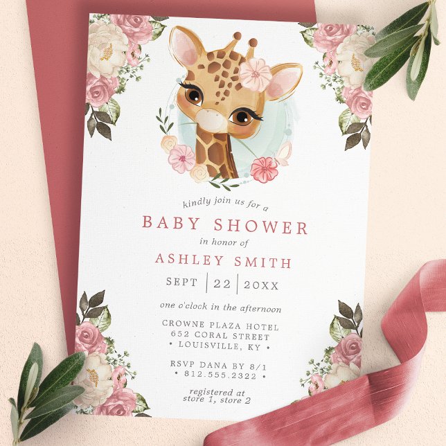 Invitation Douce girafe florale aquarelle Fille Baby Shower (Créateur téléchargé)