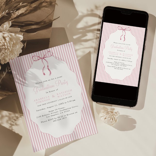 Invitation Douce graduation conjointe Ruban rose à rayures fi (Créateur téléchargé)