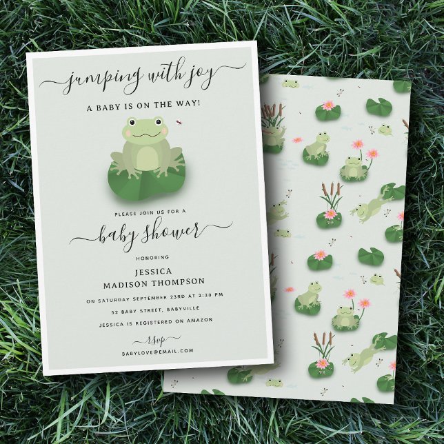 Invitation Douce Grenouilles Étang de nénuphars Baby Shower M (Cute Frogs Lily Pond Gender Neutral Baby Shower Invitation)