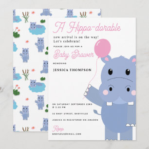 Invitation Douce Hippopotame Fête de Bébé Hippo-dorable