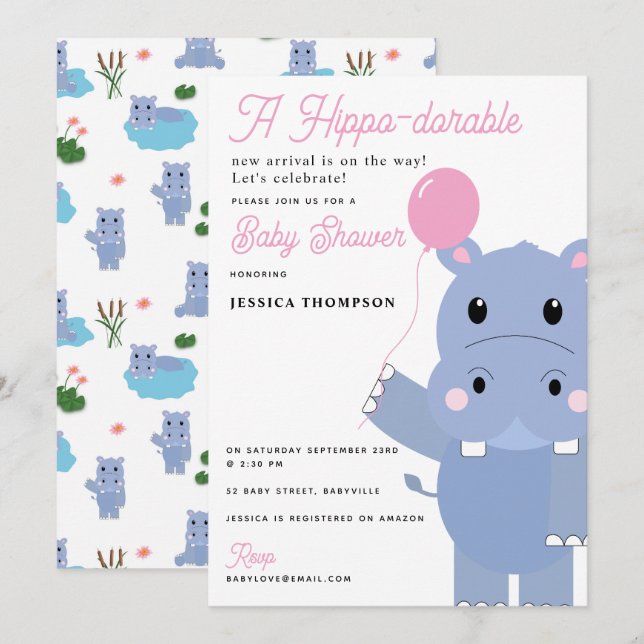 Invitation Douce Hippopotame Fête de Bébé Hippo-dorable (Devant / Derrière)