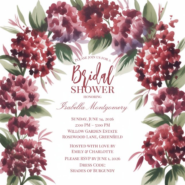 Invitation Douce Hydrangea Bourguignonne Arche Aquarelle (Soft Burgundy Hydrangea Watercolor Arch Invitations
)