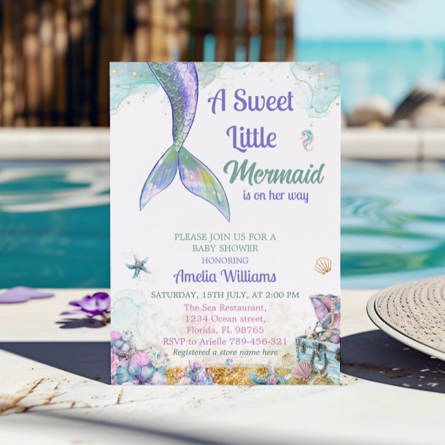 Invitation Douce Lavande Aqua Sirène Bébé Fille (Créateur téléchargé)
