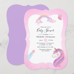 Invitation Douce Licorne Arc-en-Ciel Aquarelle Fille Baby Sho