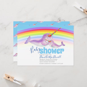 Invitation Douce licorne arc-en-ciel baby shower bleu rouge