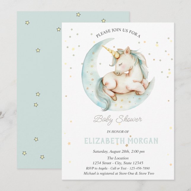 Invitation Douce Licorne Lune Étoiles Baby Shower  (Devant / Derrière)