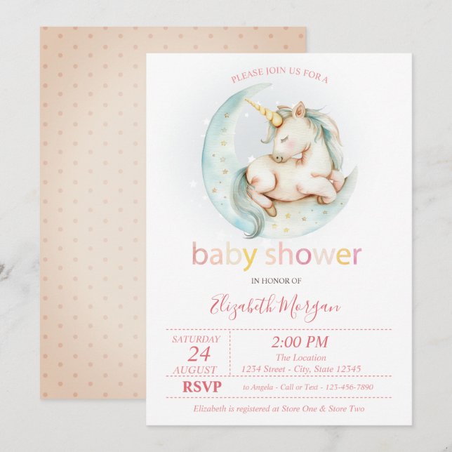 Invitation Douce Licorne Lune Piquée Fête de Bébé (Devant / Derrière)