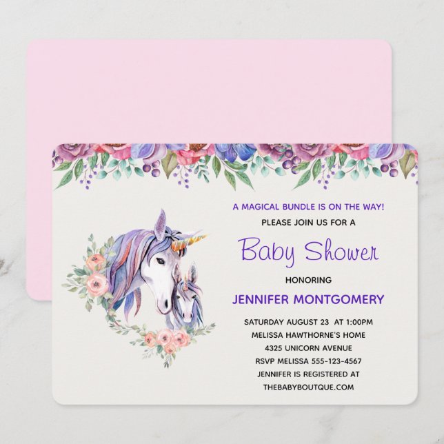 Invitation Douce Licorne Maman & Bébé Shower à l'aquarelle (Devant / Derrière)